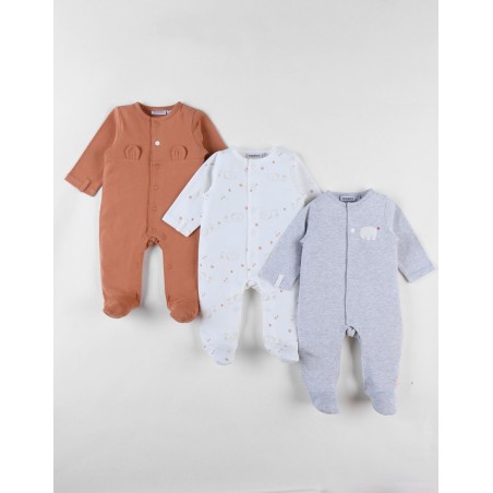 Set de 3 pyjamas jersey - Girs/blanc/brun - Animaux