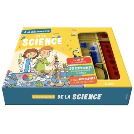 À la découverte de la science - Coffret avec 6 tubes à essai, 3 ballons, 1 entonnoir, 1 cuillère, 1 thermomètre, 1 loupe, 1 aima