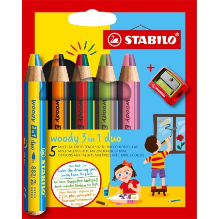 5 woodys avec pointes 2 couleurs + taille-crayon