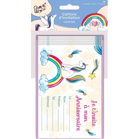 Set de 8 cartons d'invitation - Licornes