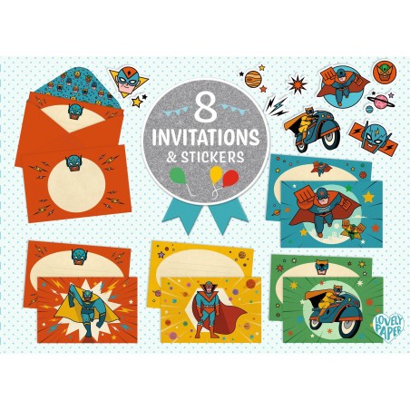 8 invitations & stickers - Pow ! Bang !