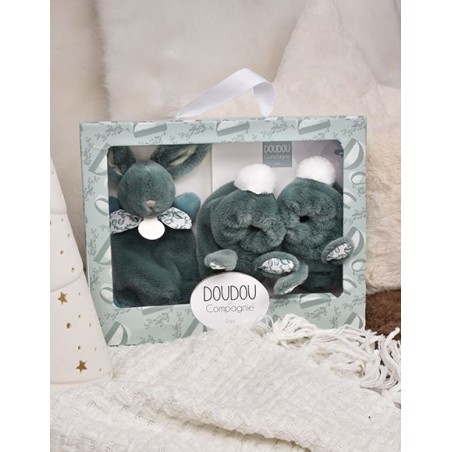 Coffret doudou lapin + chaussons - Vert