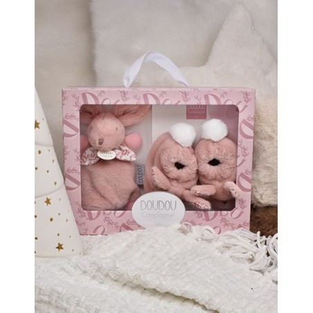 Coffret doudou lapin + chaussons - Rose